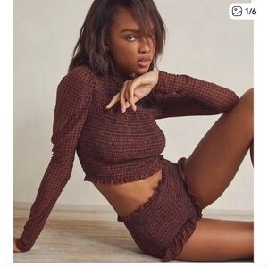 Free People Brown Checkered Ruffled gingham Lounge Set